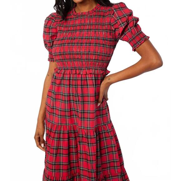 NEW SAIL TO SABLE puff sleeve smocked midi dress in red tartan plaid - Picture 3 of 3